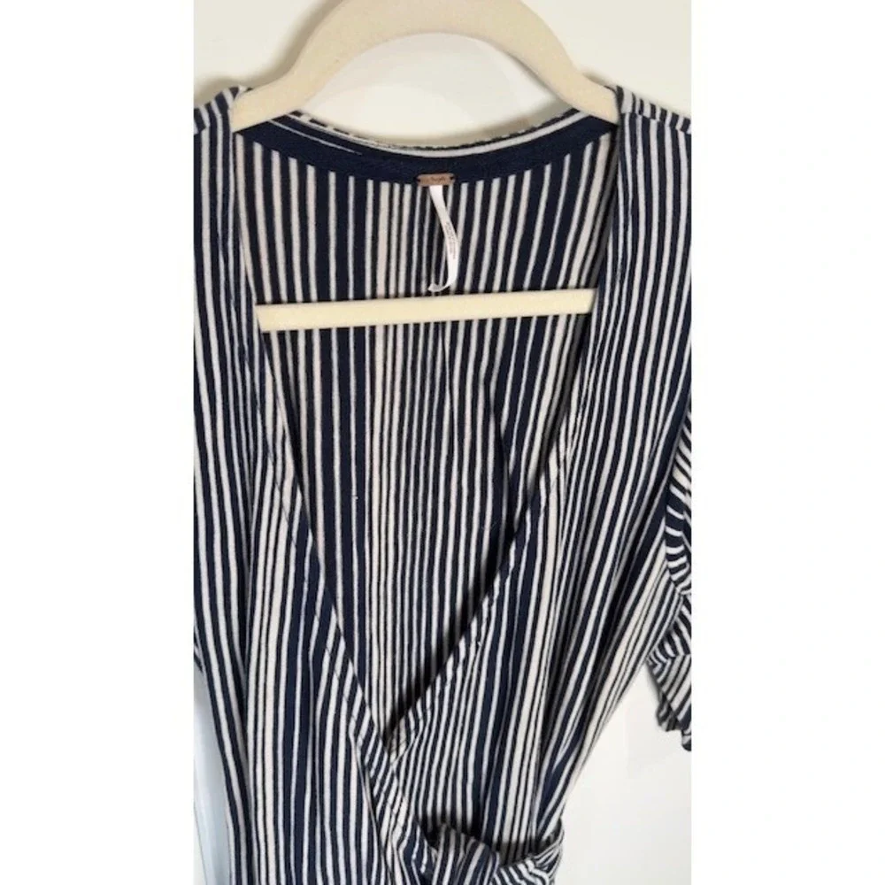 Free People Wrap Top Womens S Navy Blue Stripe Puff Sleeve Ruffle Cotton